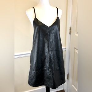 FREE PEOPLE Faux Black Leather Spaghetti Strap V-Neck Dress w Pockets Sz L